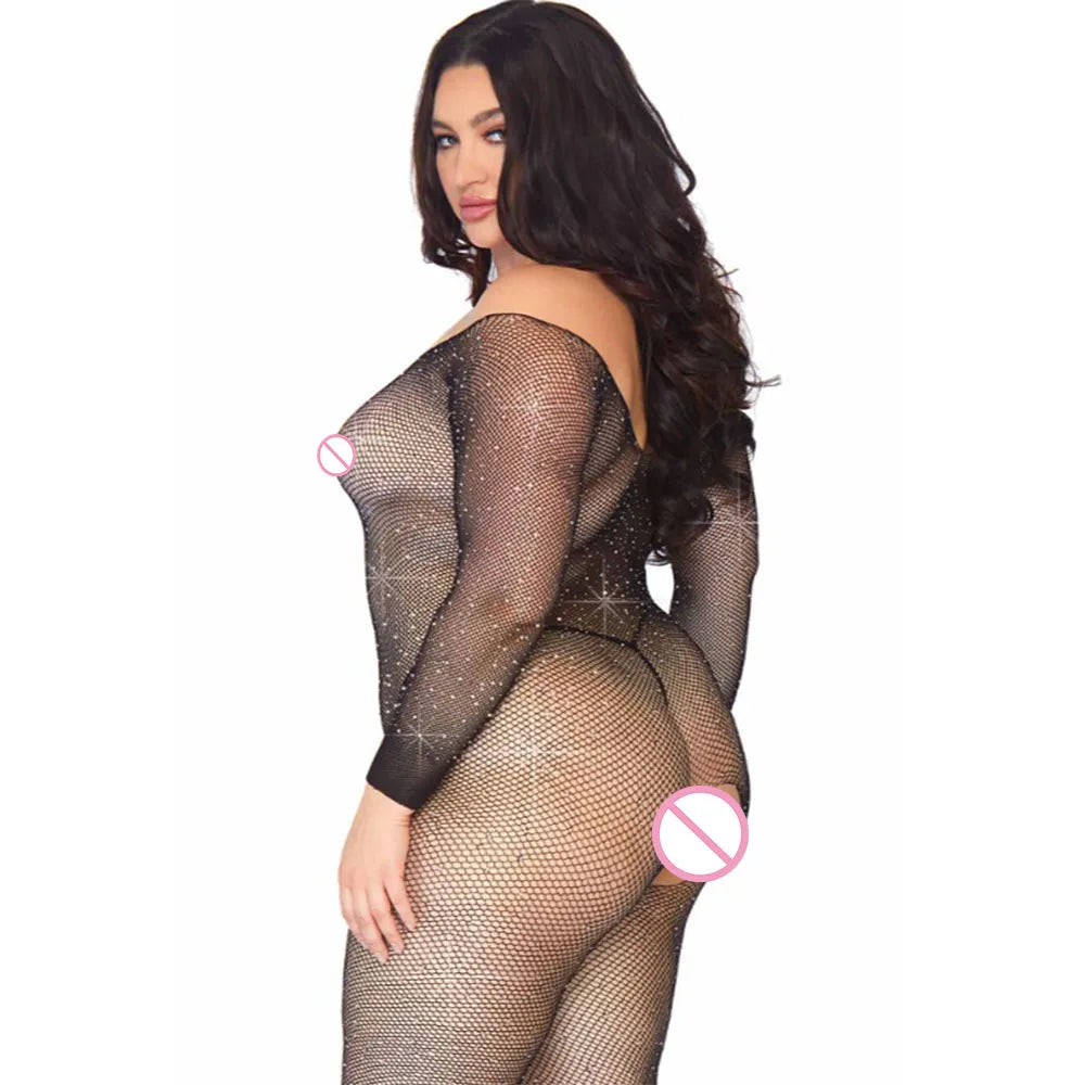 Plus Size Rhinestone Erotic Fishnet Bodysuit