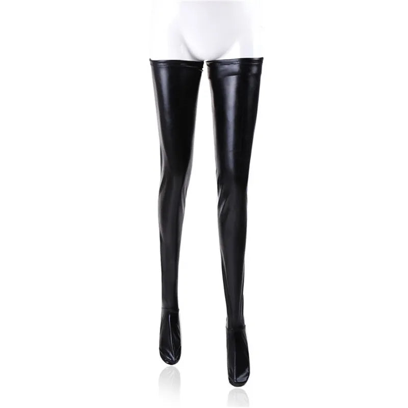 Black Wet Look PU Leather Stockings