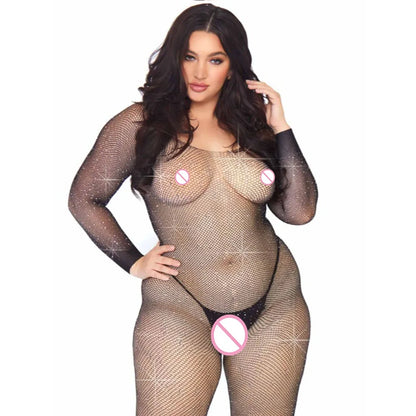 Plus Size Rhinestone Erotic Fishnet Bodysuit