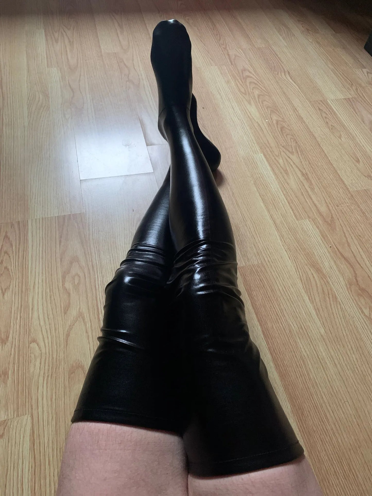 Black Wet Look PU Leather Stockings